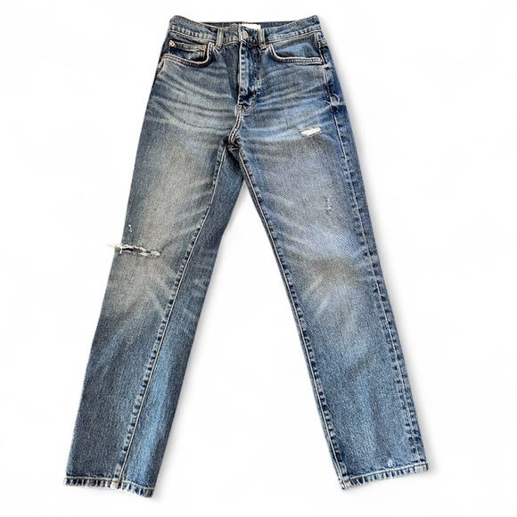 Zara Denim - 2 Zara the new slim straight leg dark denim blue jeans ripped stridged boho fall